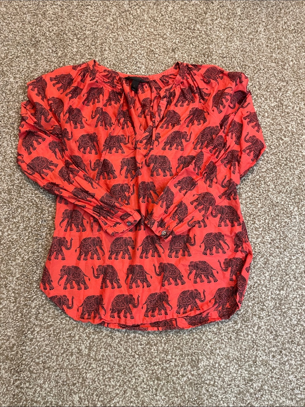J. Crew Boho Elephant-Print Long Sleeve Cotton Blouse